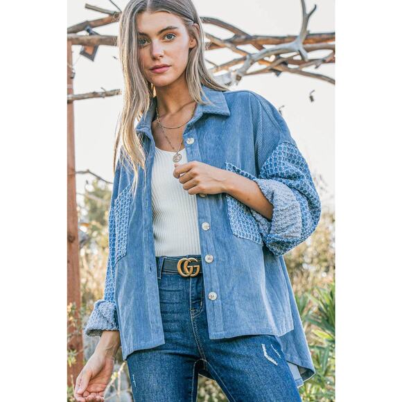 And The Why Button Down Corduroy Contrast Texture Long Sleeves Shacket | Blue - Picture 4 of 5